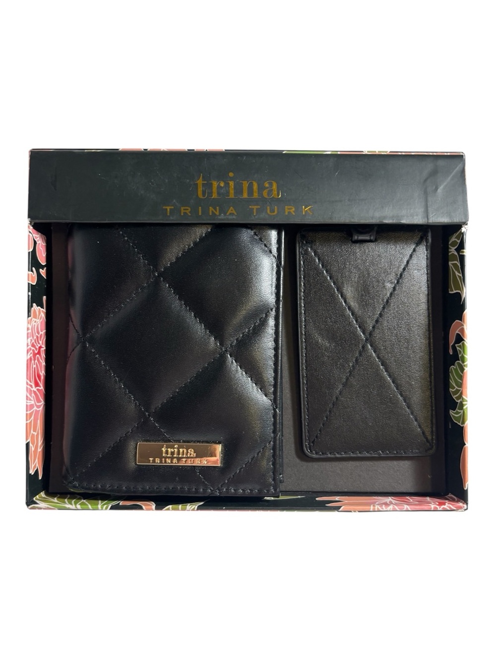 Trina Turk Black Quilted Passport Wallet and Luggage Tag Set Faux Leather